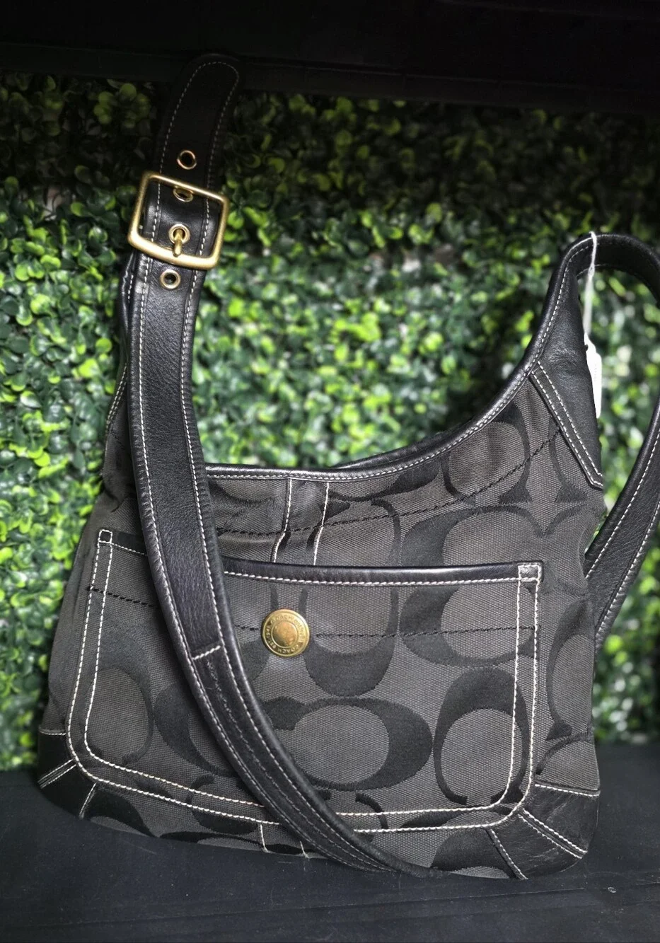 Vintage Coach Black Signature C Jacquard Hobo Shoulder Bag Leather Trim 10768